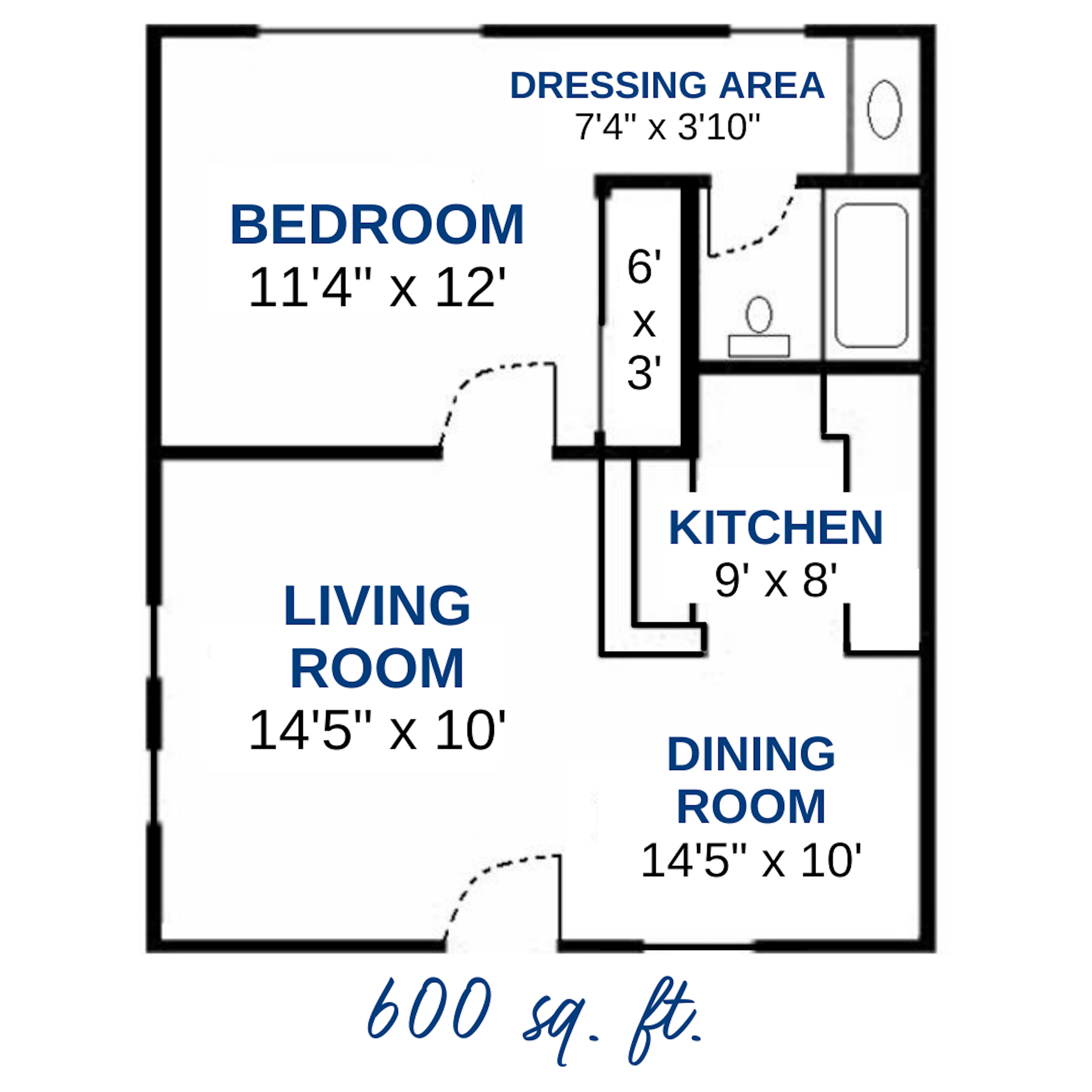 Floor plan for 1 bed, 1 bath, 600 sqft